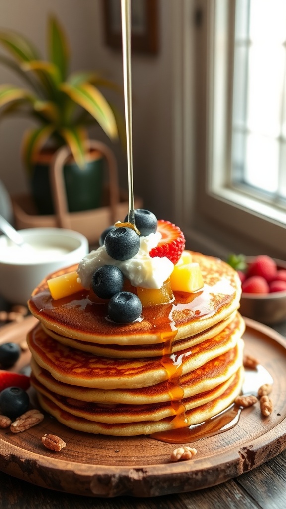 Fluffy quinoa pancakes topped with berries and syrup.